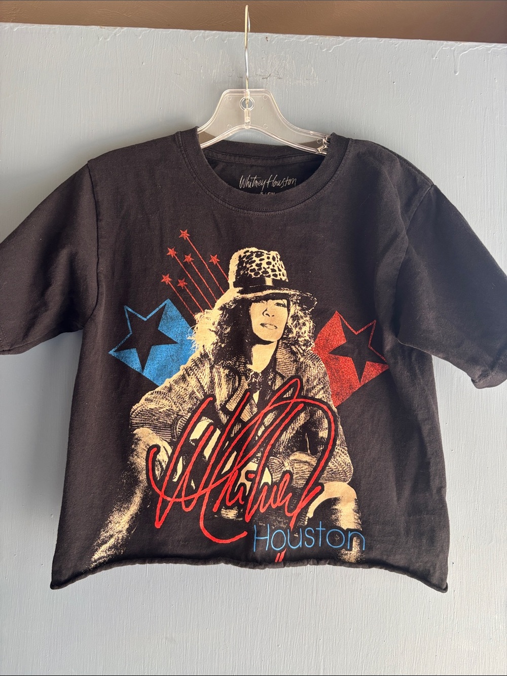 Whitney Houston Black Graphic Crop Top with Red & Blue Accents